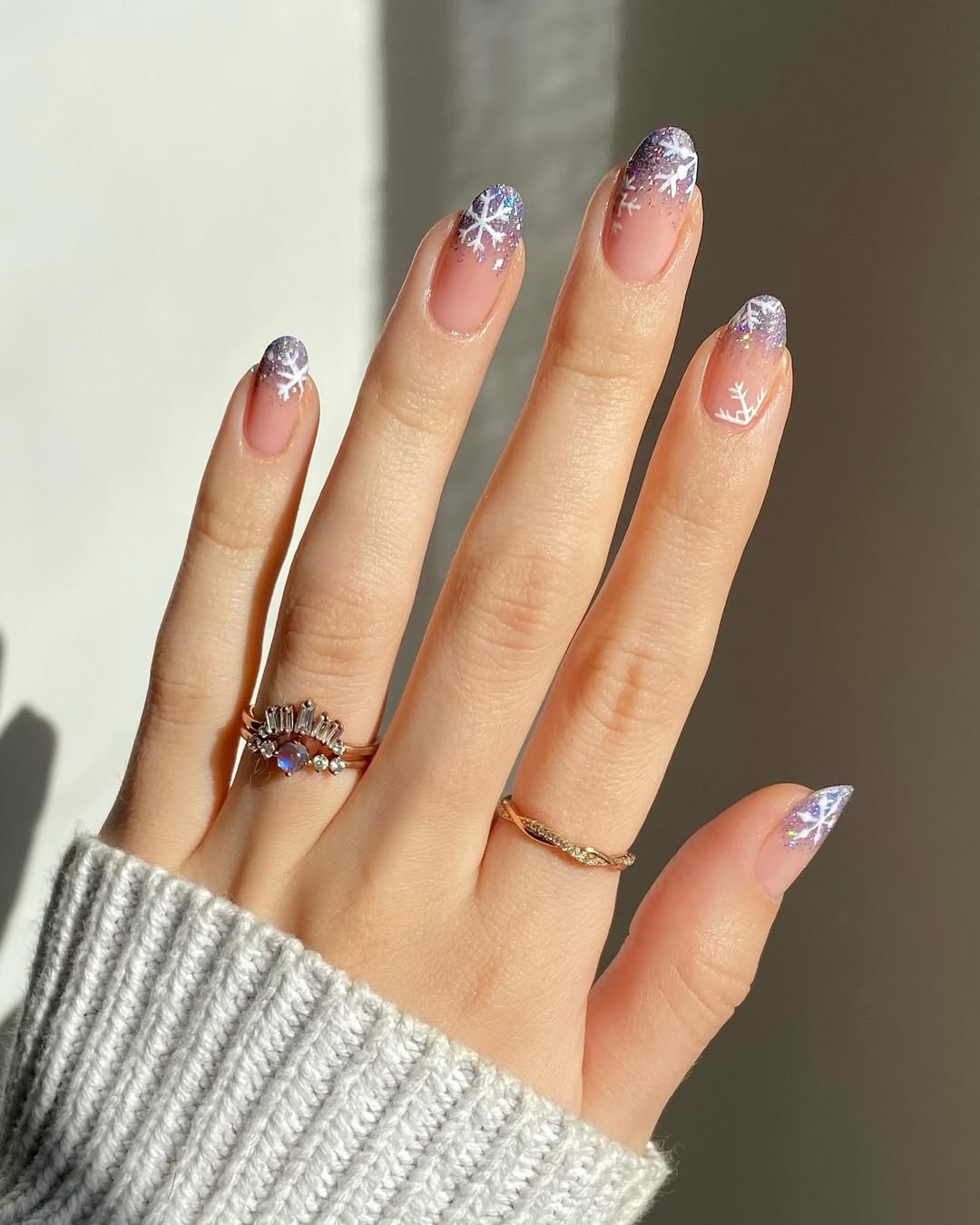 Sparkling Snowflake French Ombre Almond Nails