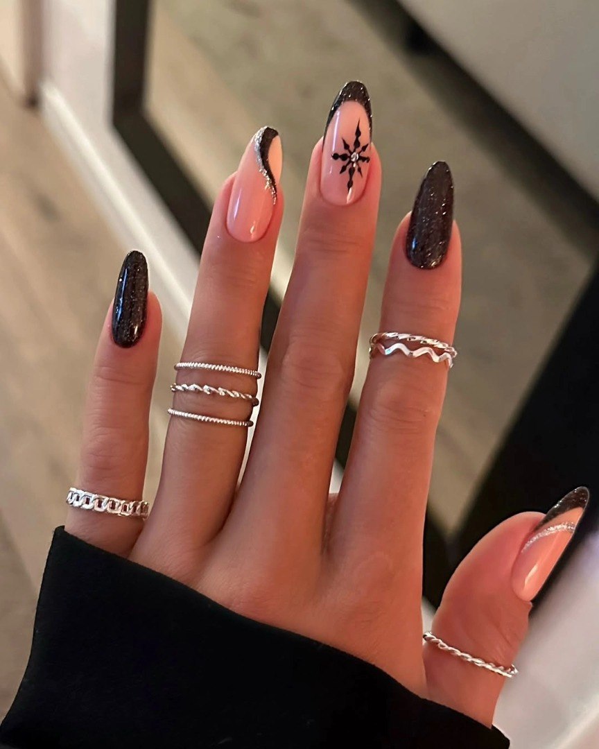 Sparkly Black French Tip Almond Nails