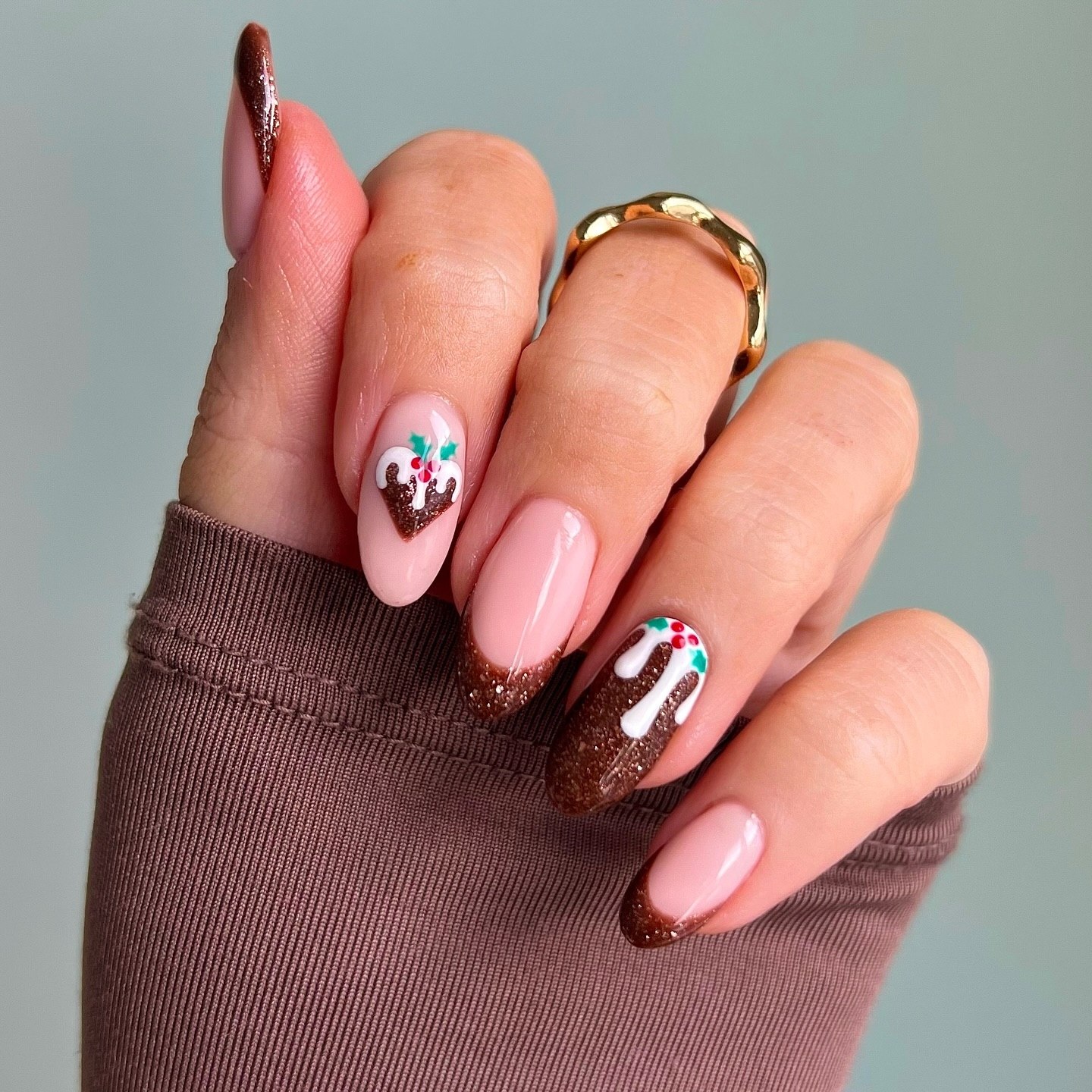 Sparkly Christmas Pudding French Tip Nails
