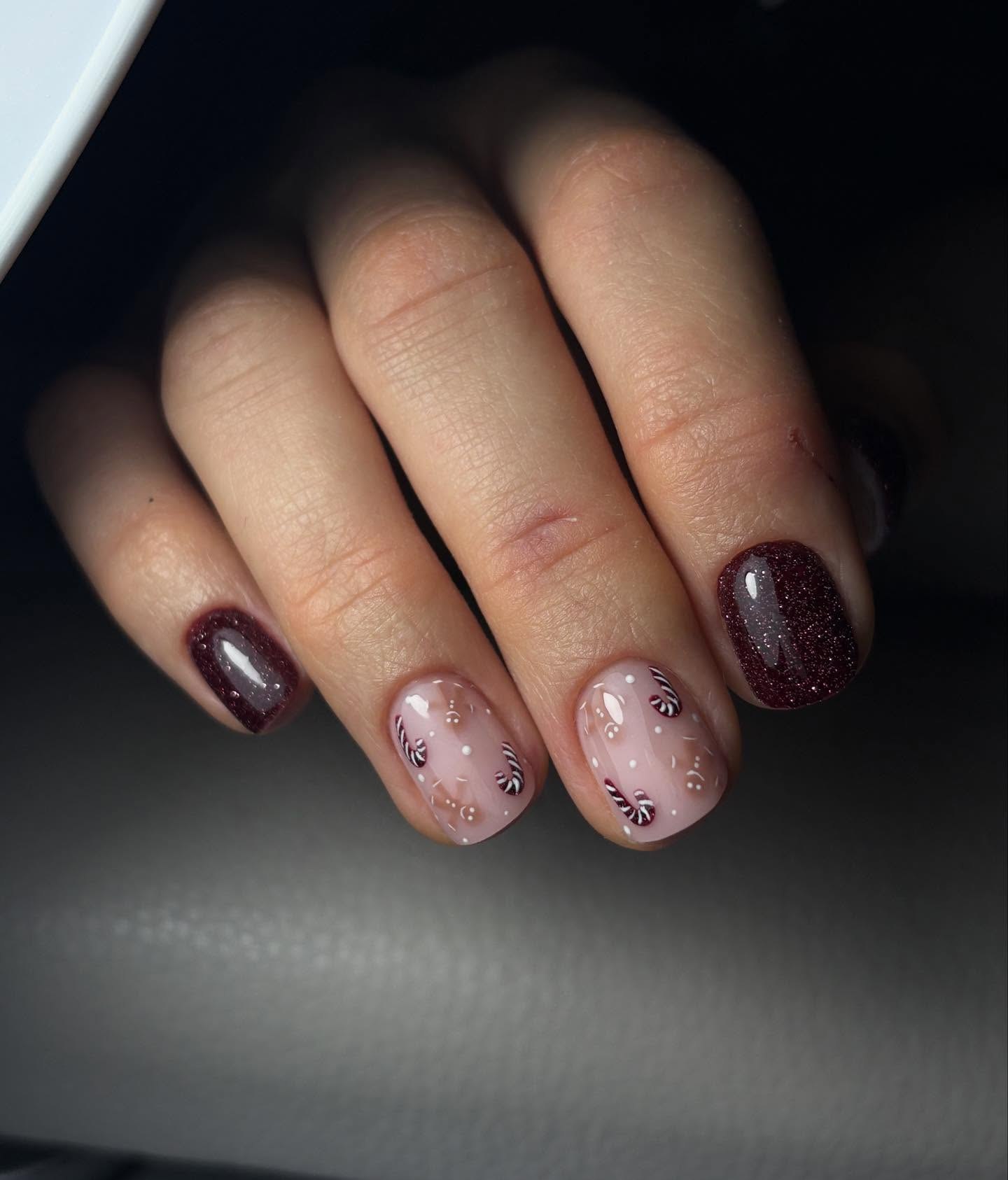Sparkly Deep Red & Candy Cane Short Nails