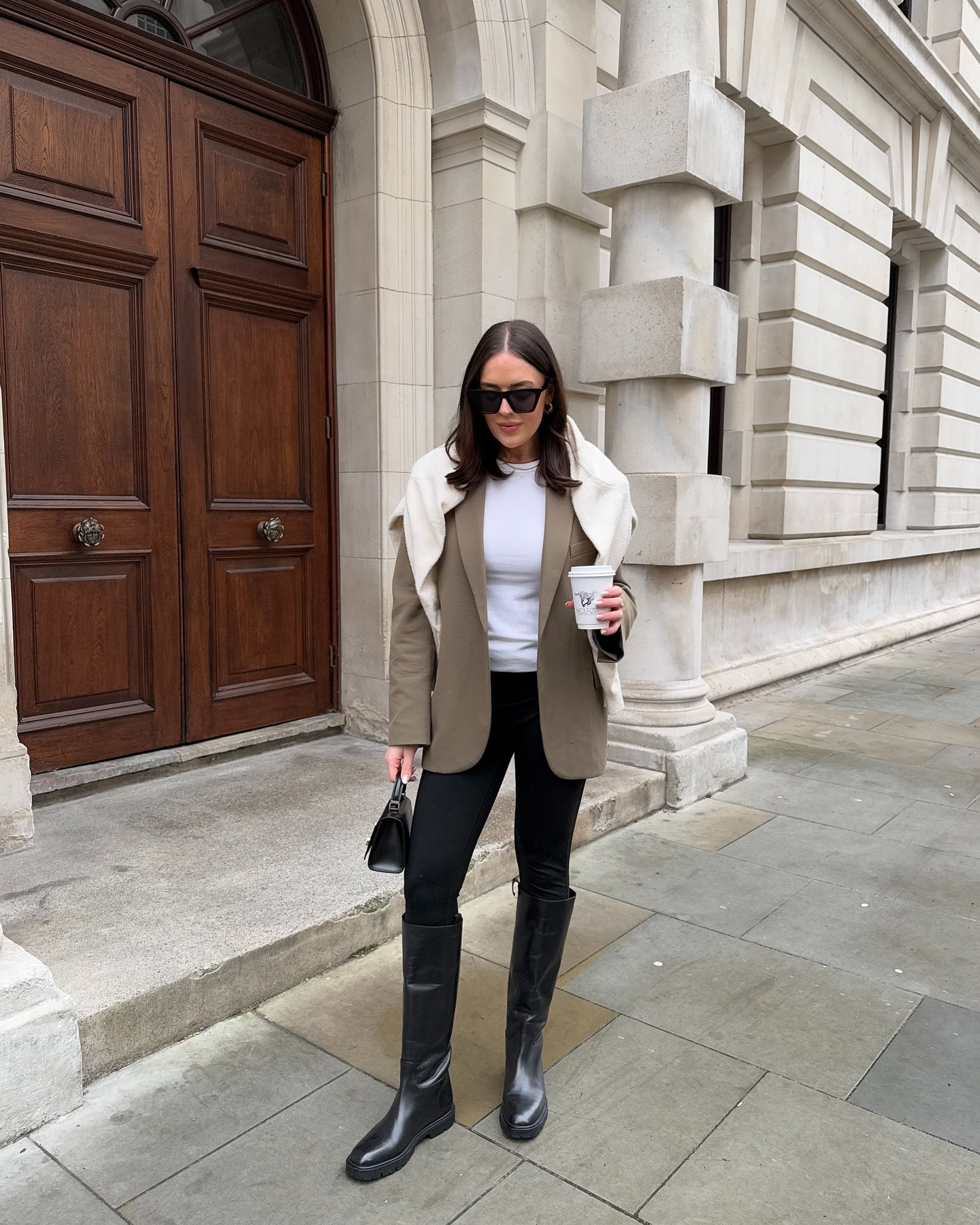 Taupe Blazer And Black Knee High Boots Street Style