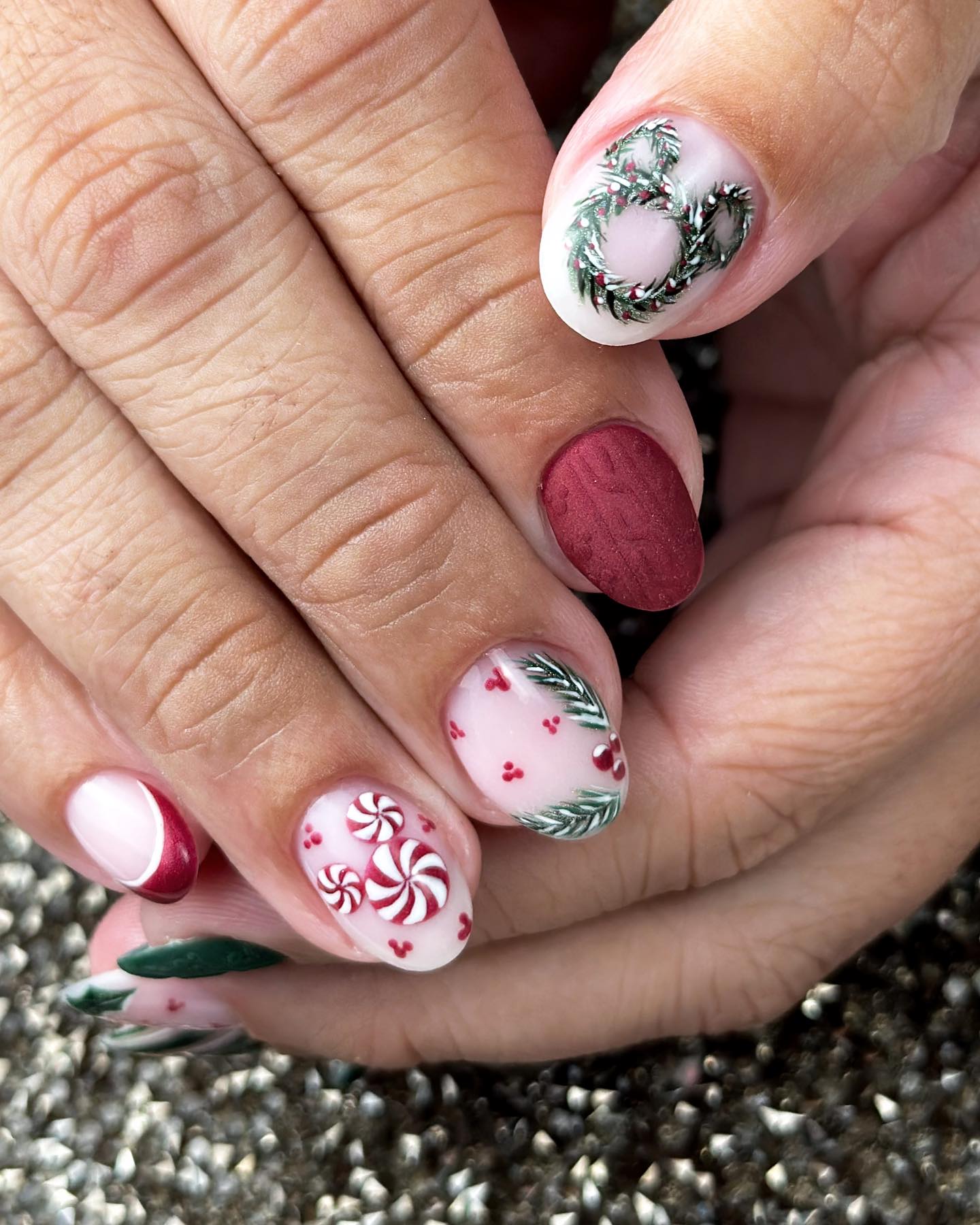 Whimsical Candy Cane Christmas Wreath Nails