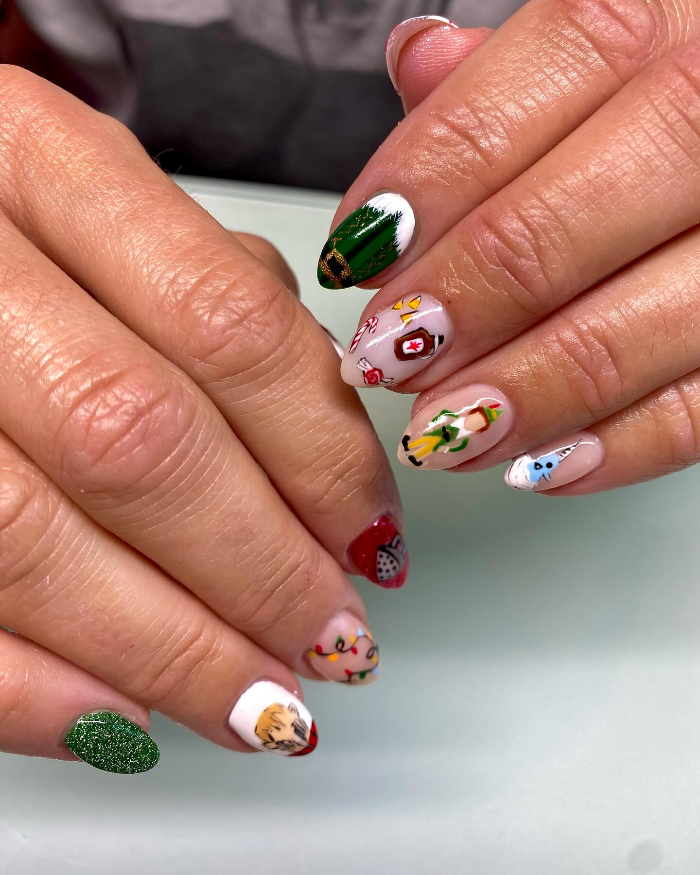 Whimsical Christmas Characters Almond Nails