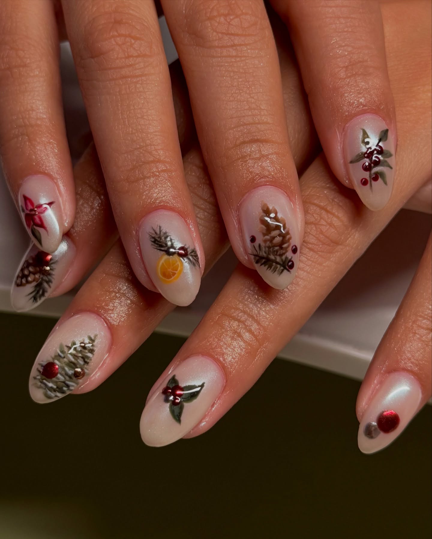 Whimsical Christmas Nature Hand-Painted Oval Nails