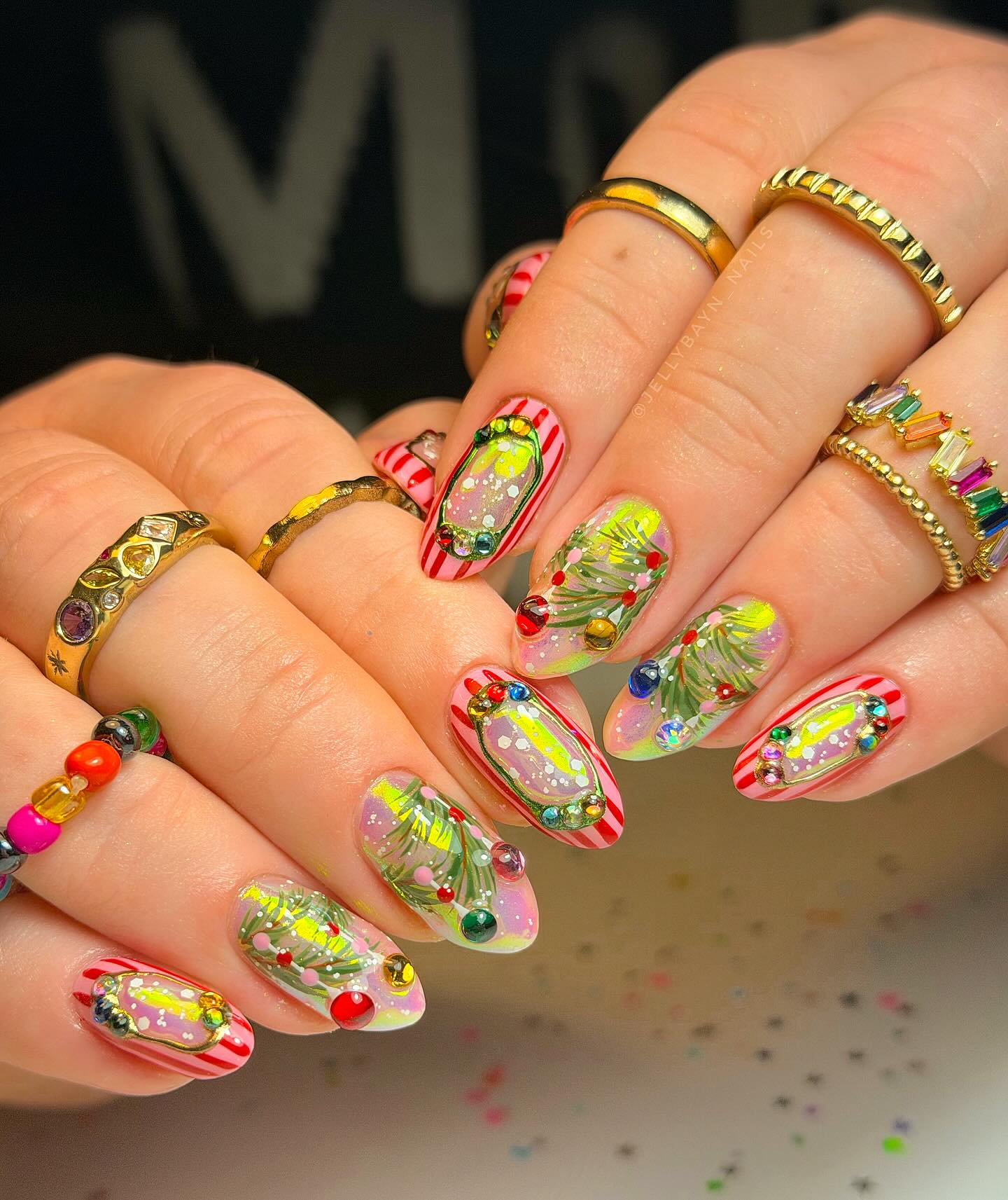 Whimsical Christmas Tree Almond Nails