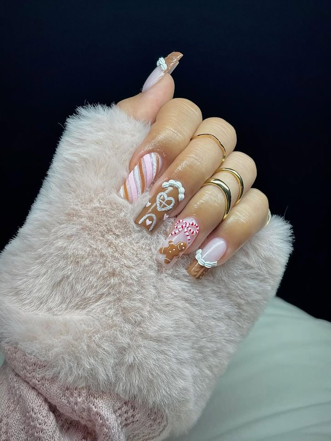 Whimsical Gingerbread French Tip Coffin Nails