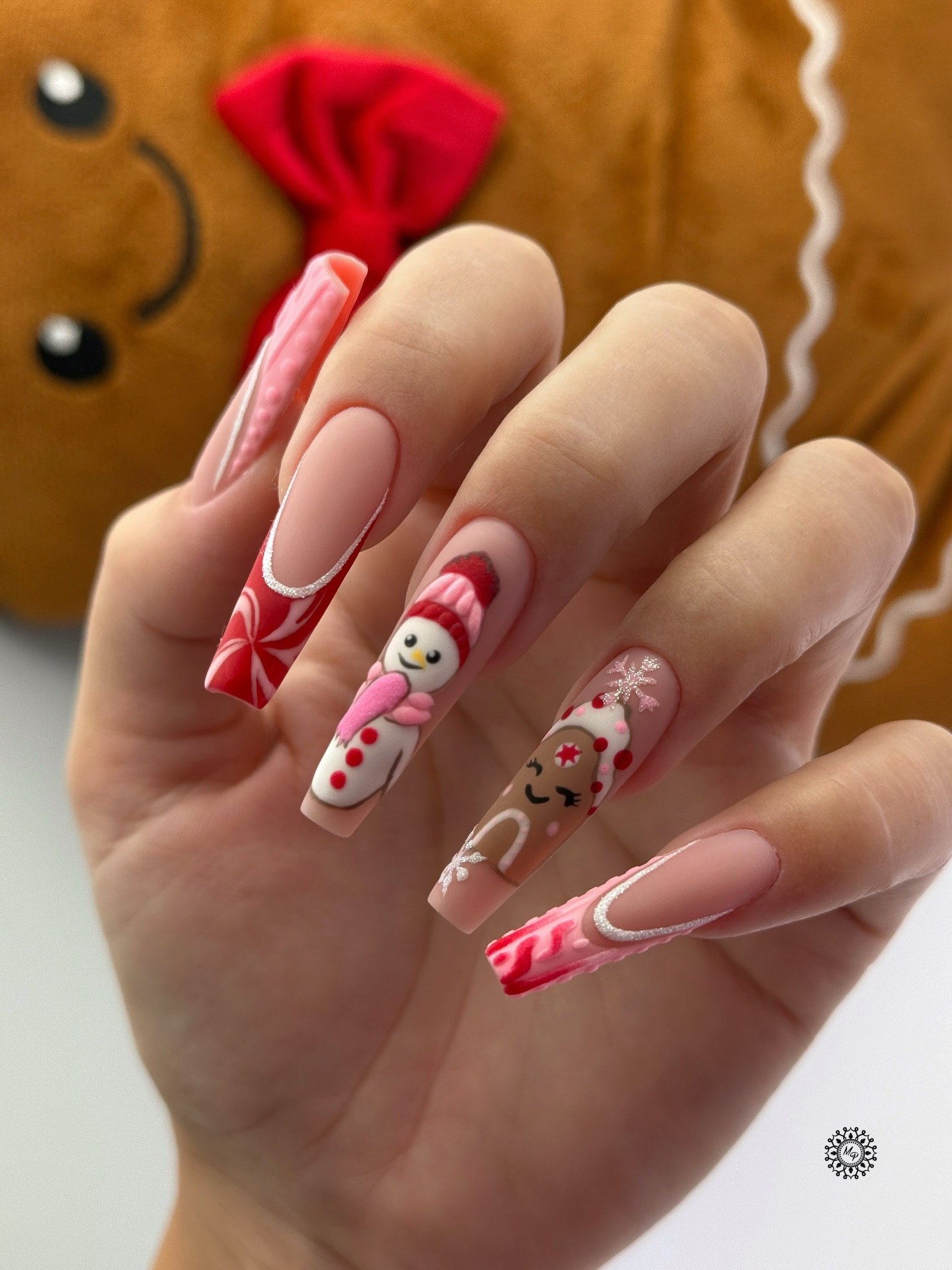 Whimsical Gingerbread Man and Snowman Christmas Nails