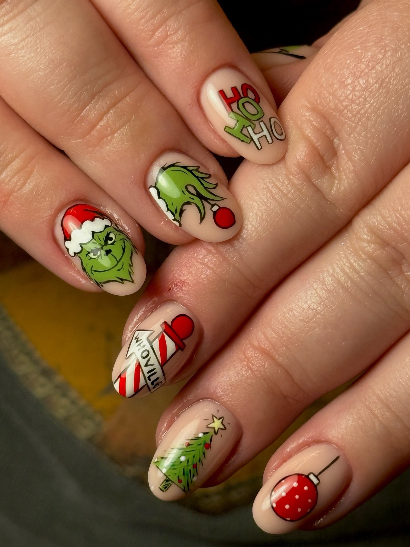 Whimsical Grinch Christmas Character Nail Art