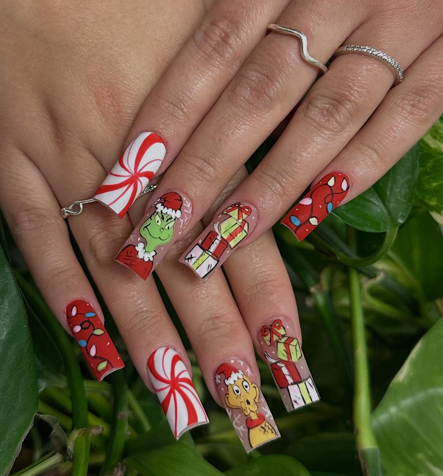 Whimsical Grinch Christmas Character Nail Art