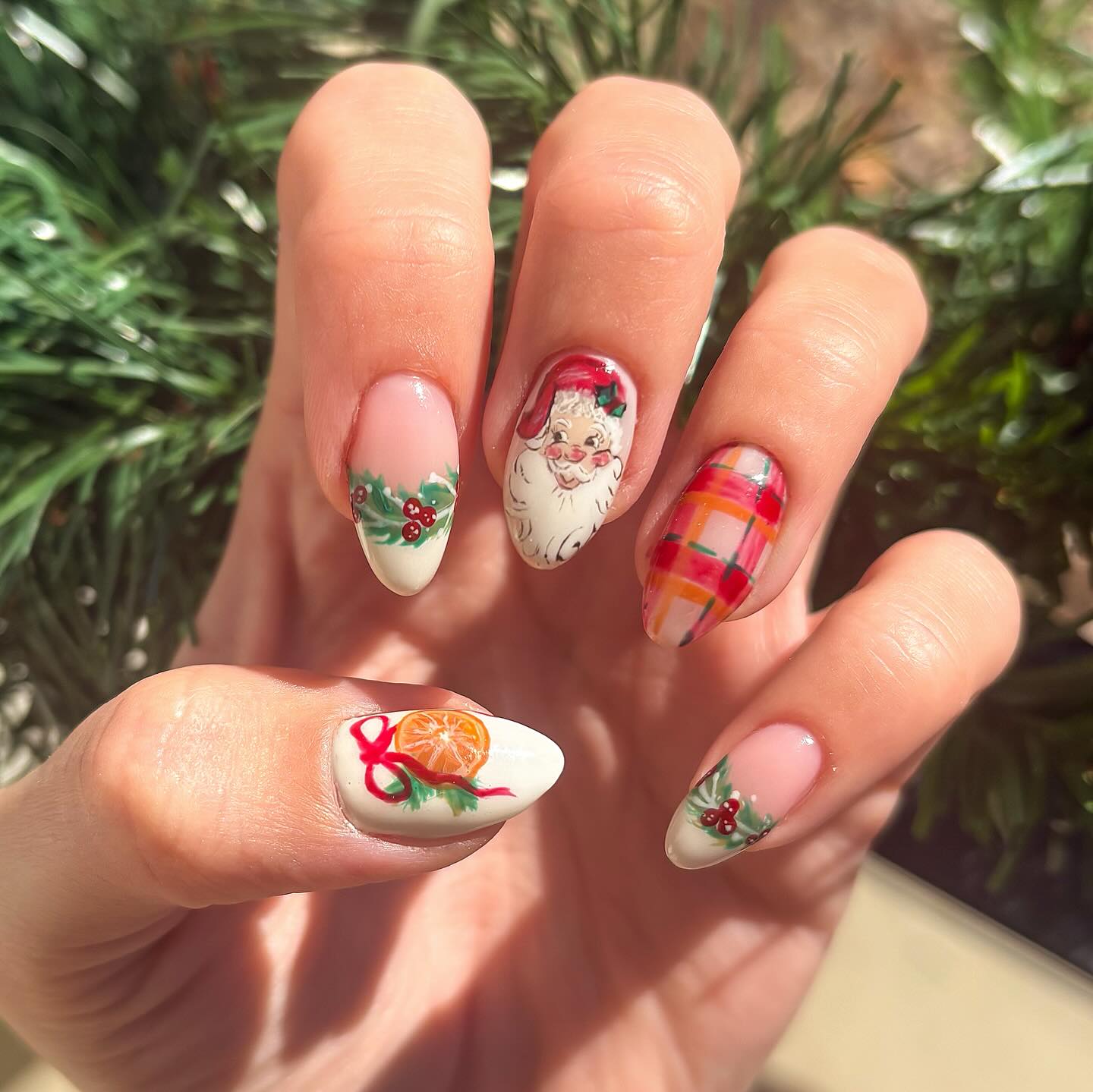 Whimsical Santa and Plaid Christmas Almond Nails