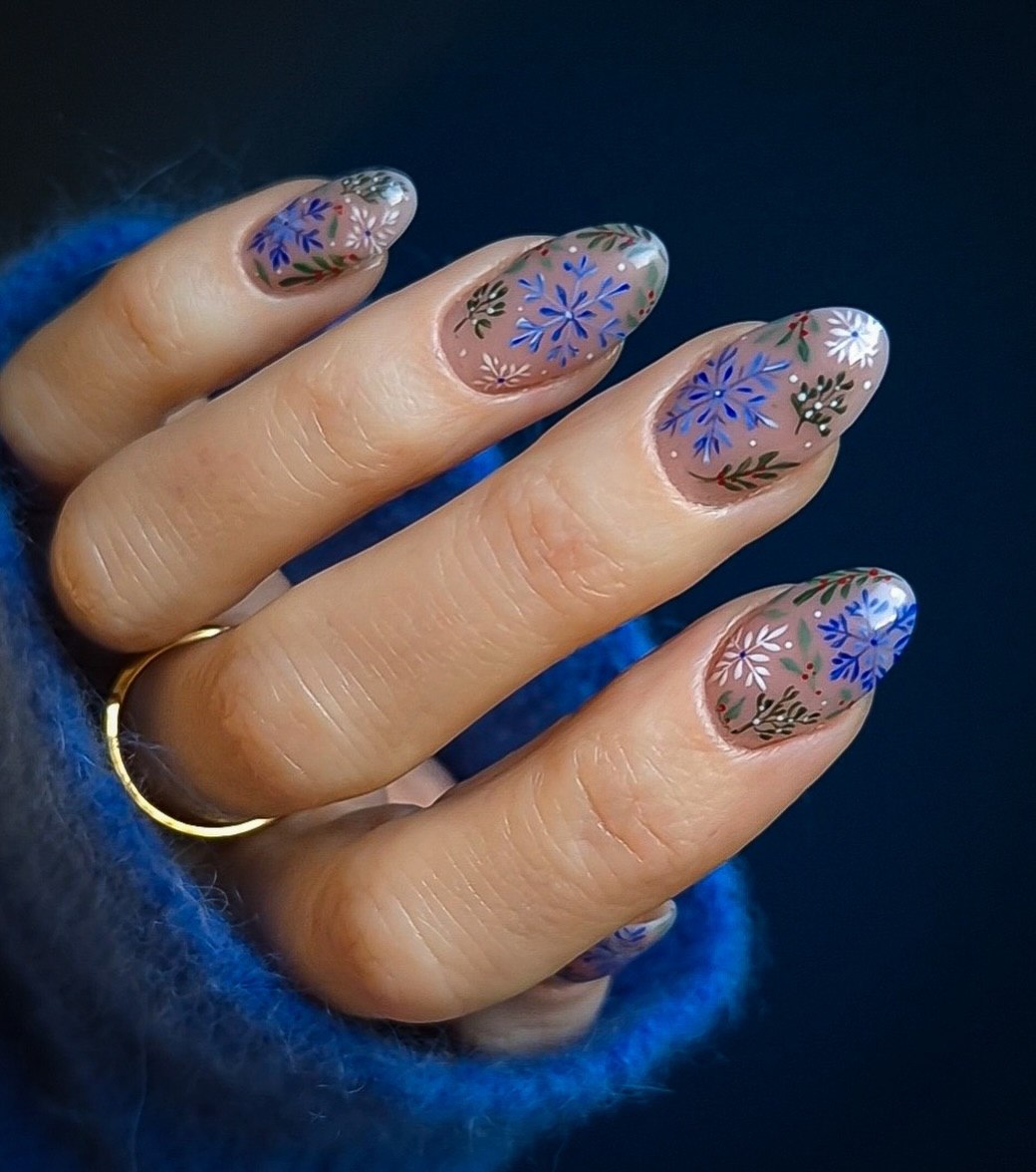 Whimsical Snowflake and Berry Winter Nail Art