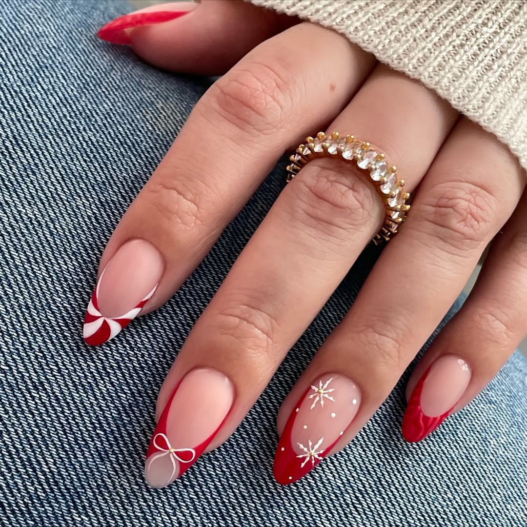 Almond Red French Tips With Snowflakes — Winter Christmas Nails