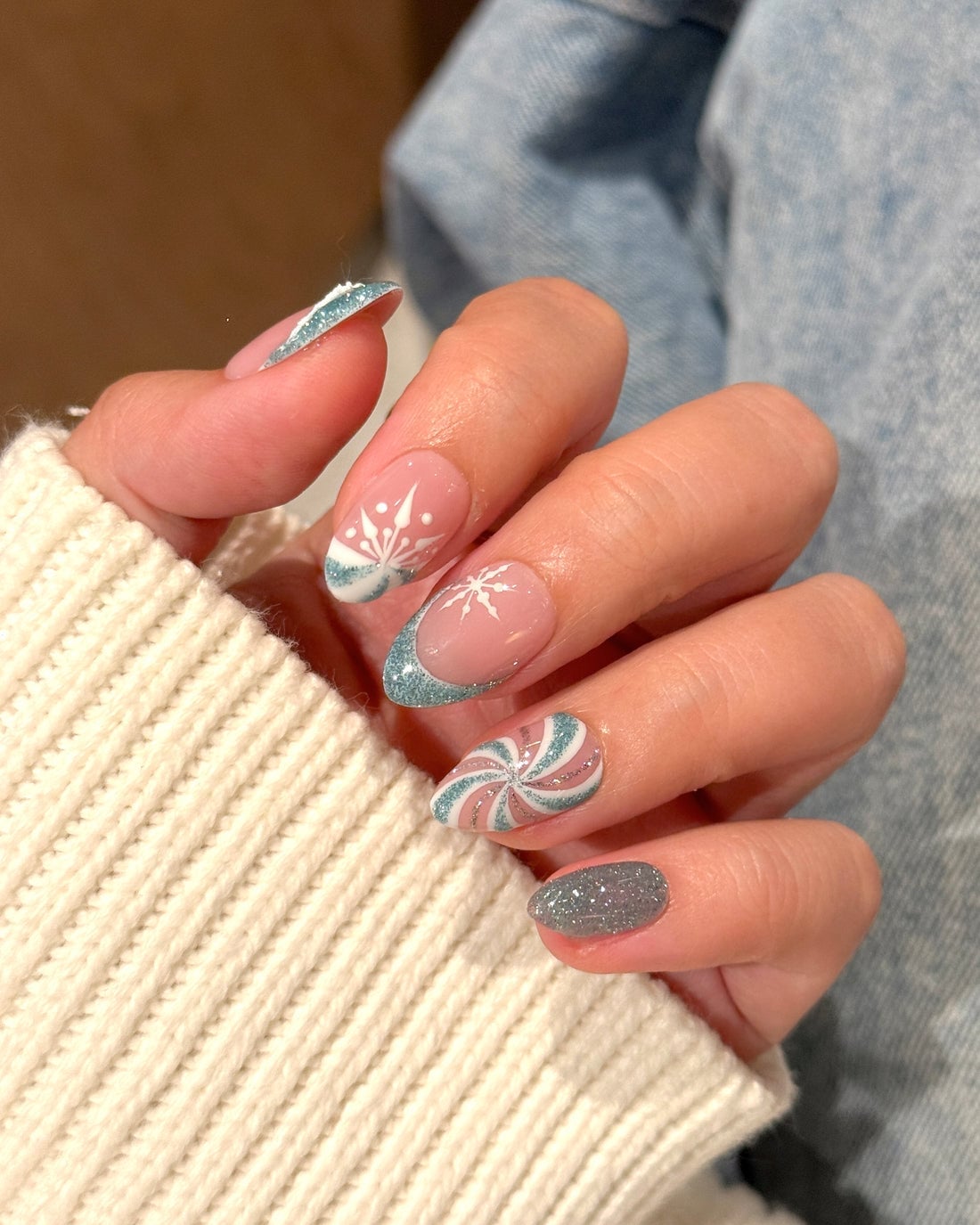 Almond Nails With Snowflake French Tip And Swirls — Winter Christmas Nails