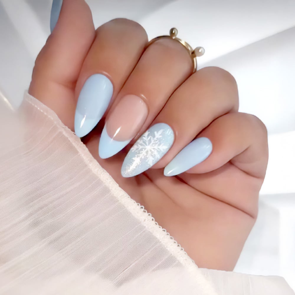 Long Almond Pale Blue Nails With Snowflake — Winter Christmas Nails