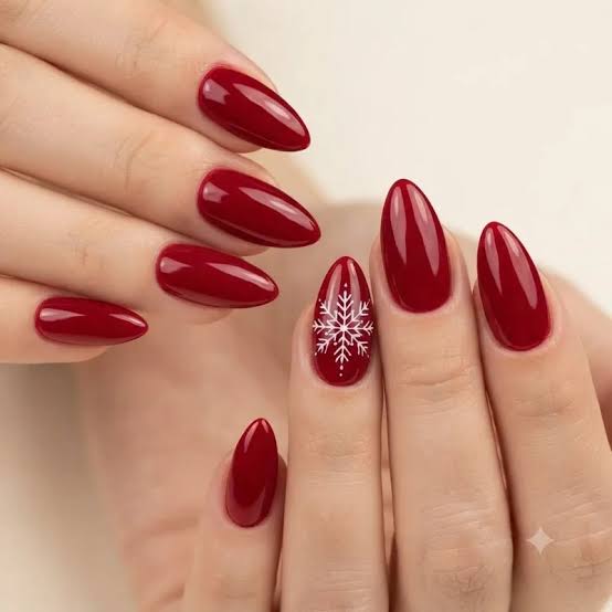 Deep Red Almond Nails With Single Snowflake — Winter Christmas Nails