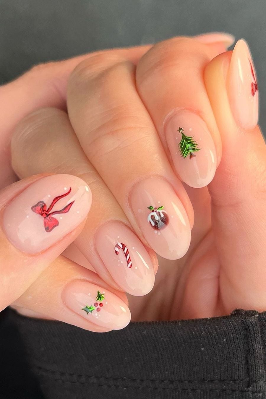 Medium Almond Nails With Tiny Christmas Drawings — Winter Christmas Nails