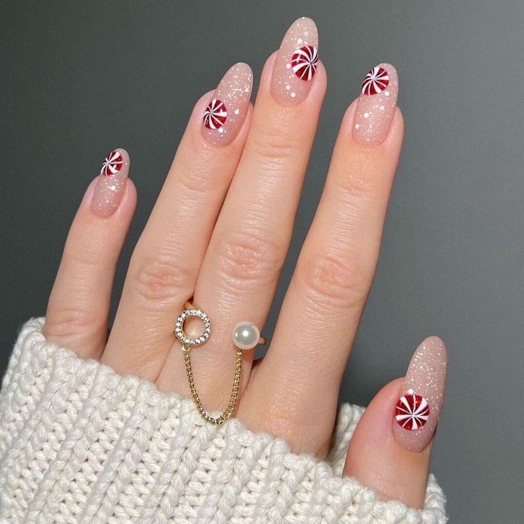 Long Oval Nails With Candy Cane Design — Winter Christmas Nails