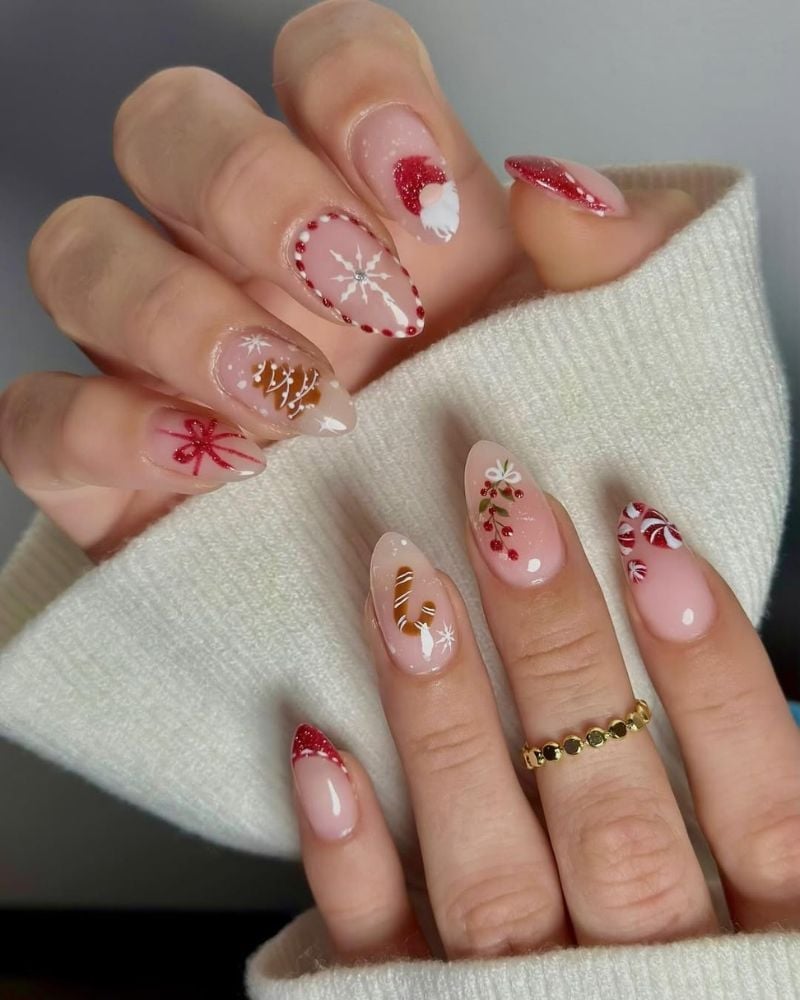Long Almond Nails With Mixed Christmas Art — Winter Christmas Nails