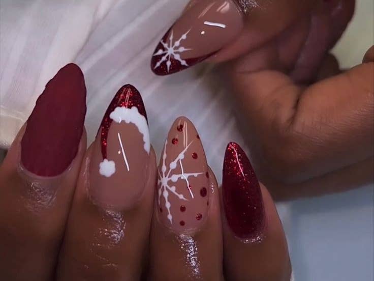 Almond Nails With Matte Burgundy And Santa Hat — Winter Christmas Nails