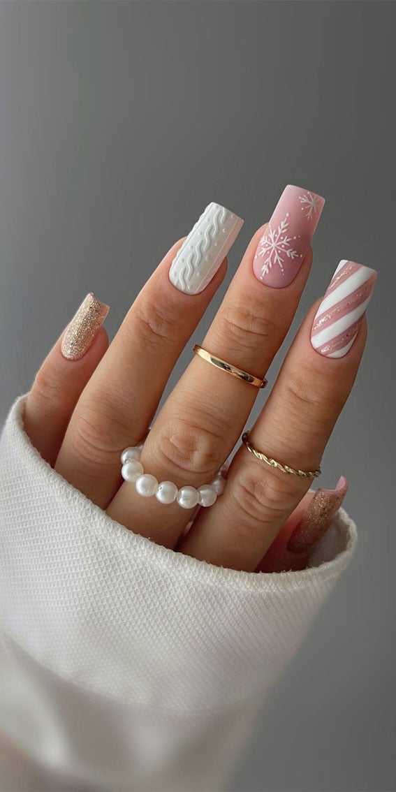 Long Square Pink Nails With Sweater Texture — Winter Christmas Nails