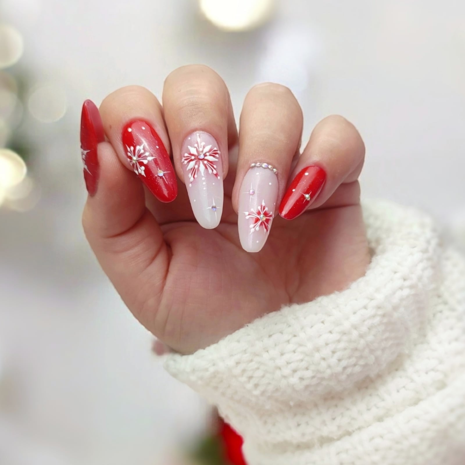 Almond Nails With Red, White, And Silver Accents — Winter Christmas Nails