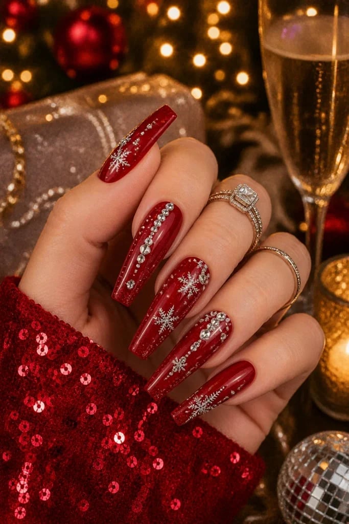 Glossy Red Coffin Nails With Rhinestone Snowflakes — Winter Christmas Nails