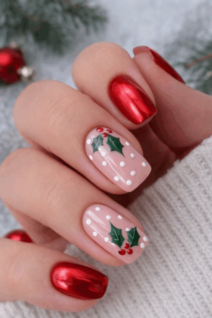 Short Square Red And Pink Nails With Holly — Winter Christmas Nails