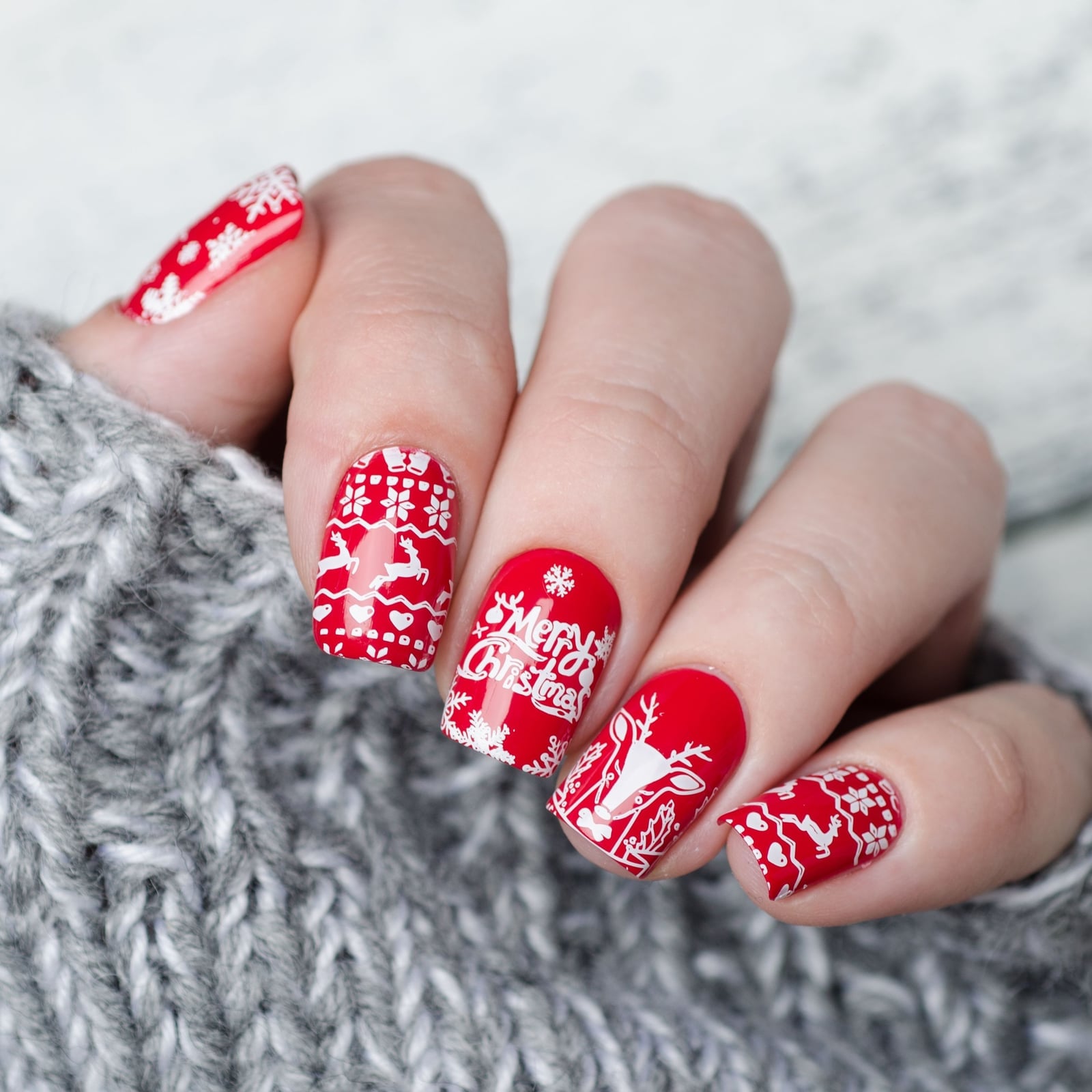 Short Square Red Nails With Festive Decals — Winter Christmas Nails