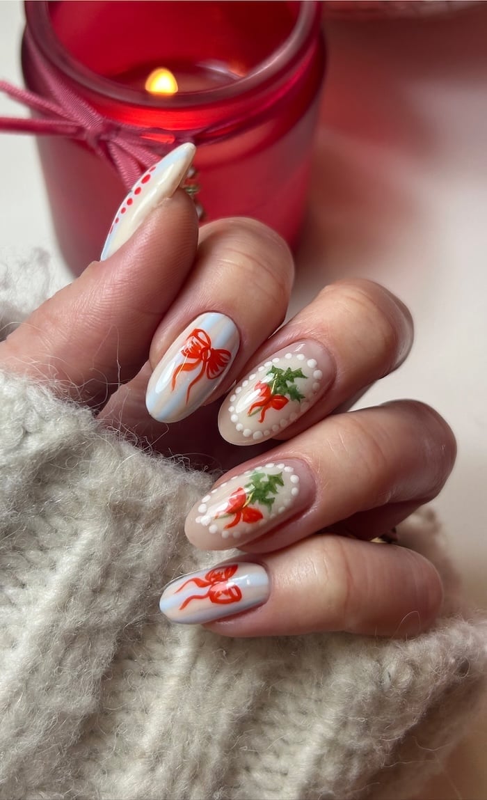 Almond Nails With Red Bows And Holly — Winter Christmas Nails