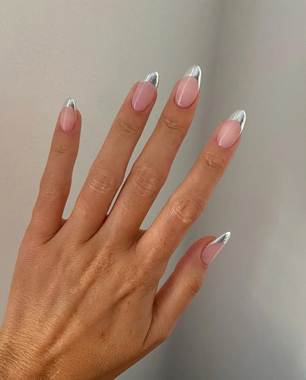 Medium Almond Sheer Pink Chrome French — Winter Chrome Nails