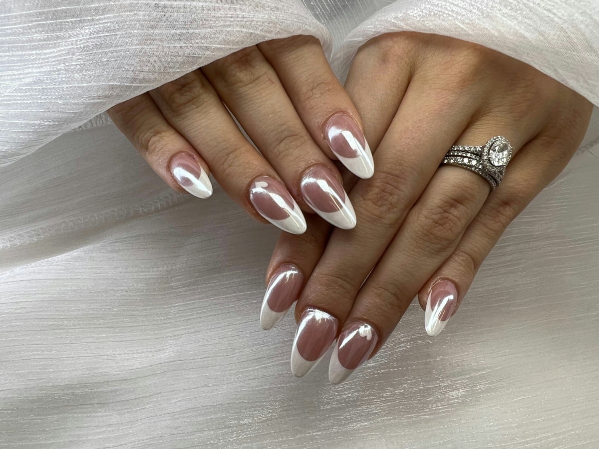 Medium-Long Almond French Tips With Chrome Moons — Winter Chrome Nails