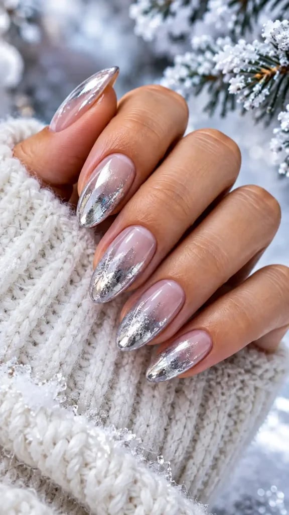 Medium Oval Sheer Nude Scattered Silver Foil — Winter Chrome Nails