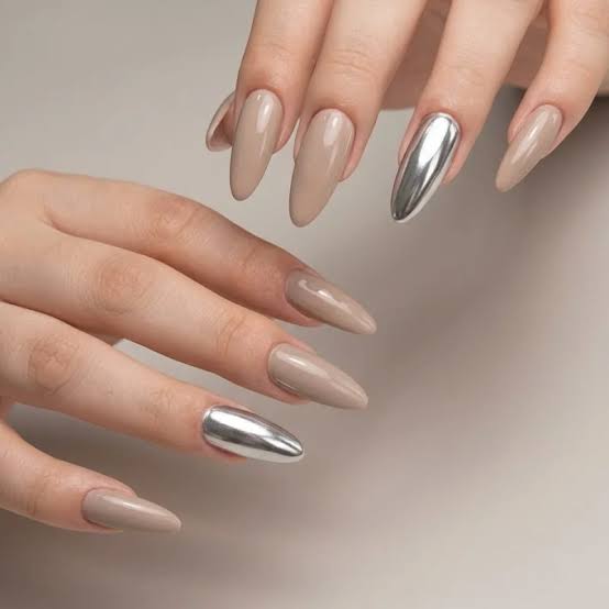 Medium Almond Beige With Silver Chrome Accents — Winter Chrome Nails