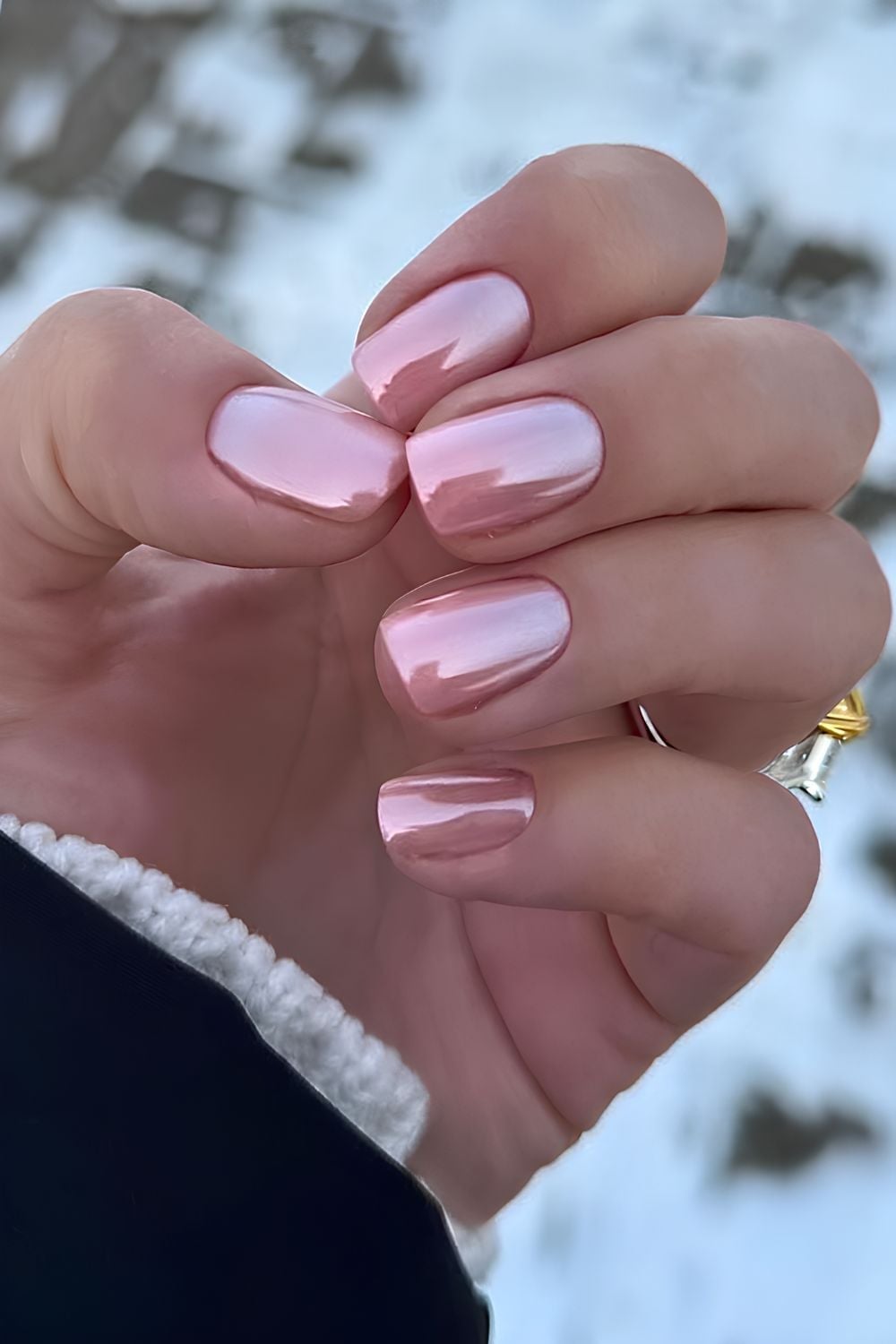 Short Square Light Pink Chrome — Winter Chrome Nails