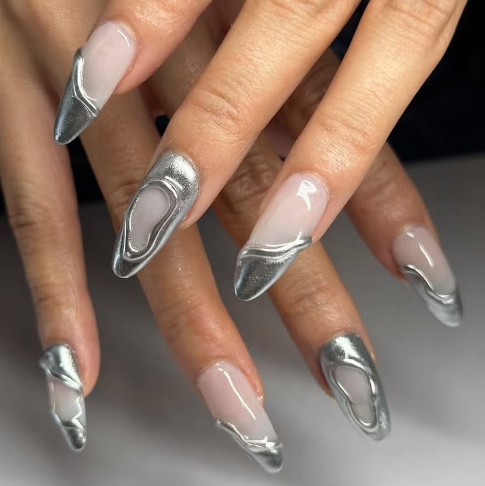Long Stiletto Abstract Chrome Accents — Winter Chrome Nails