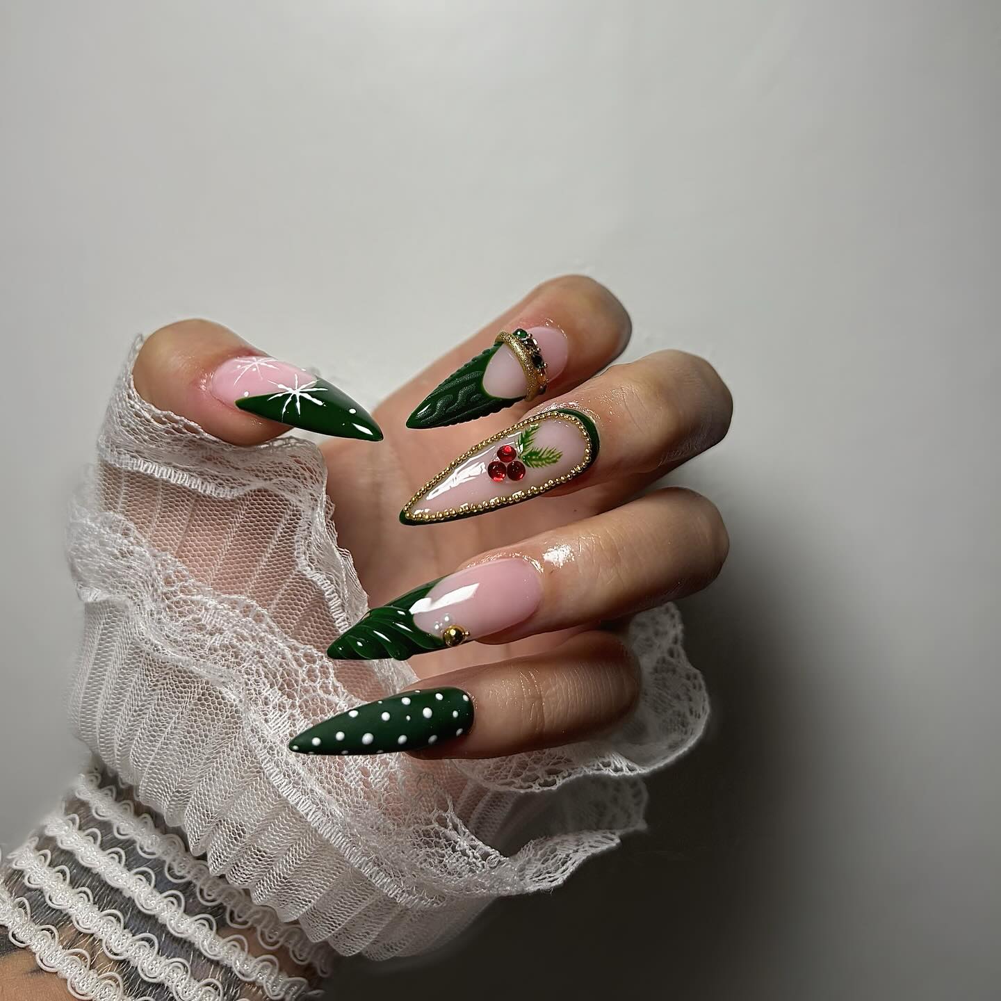 Winter Forest French Tip Stiletto Nails