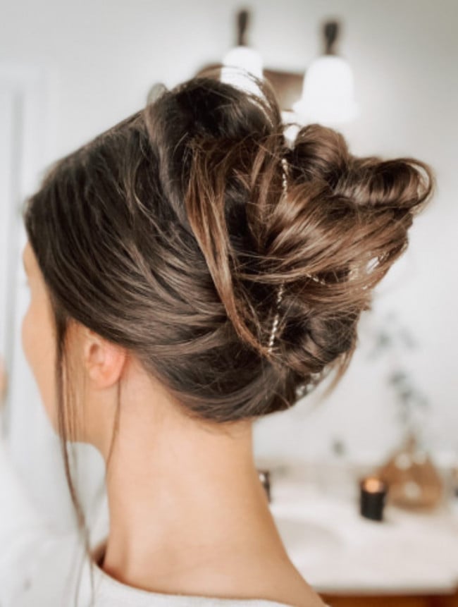 Messy Dark Brown Updo With Pearls, Wavy — Winter Formal Hairstyles