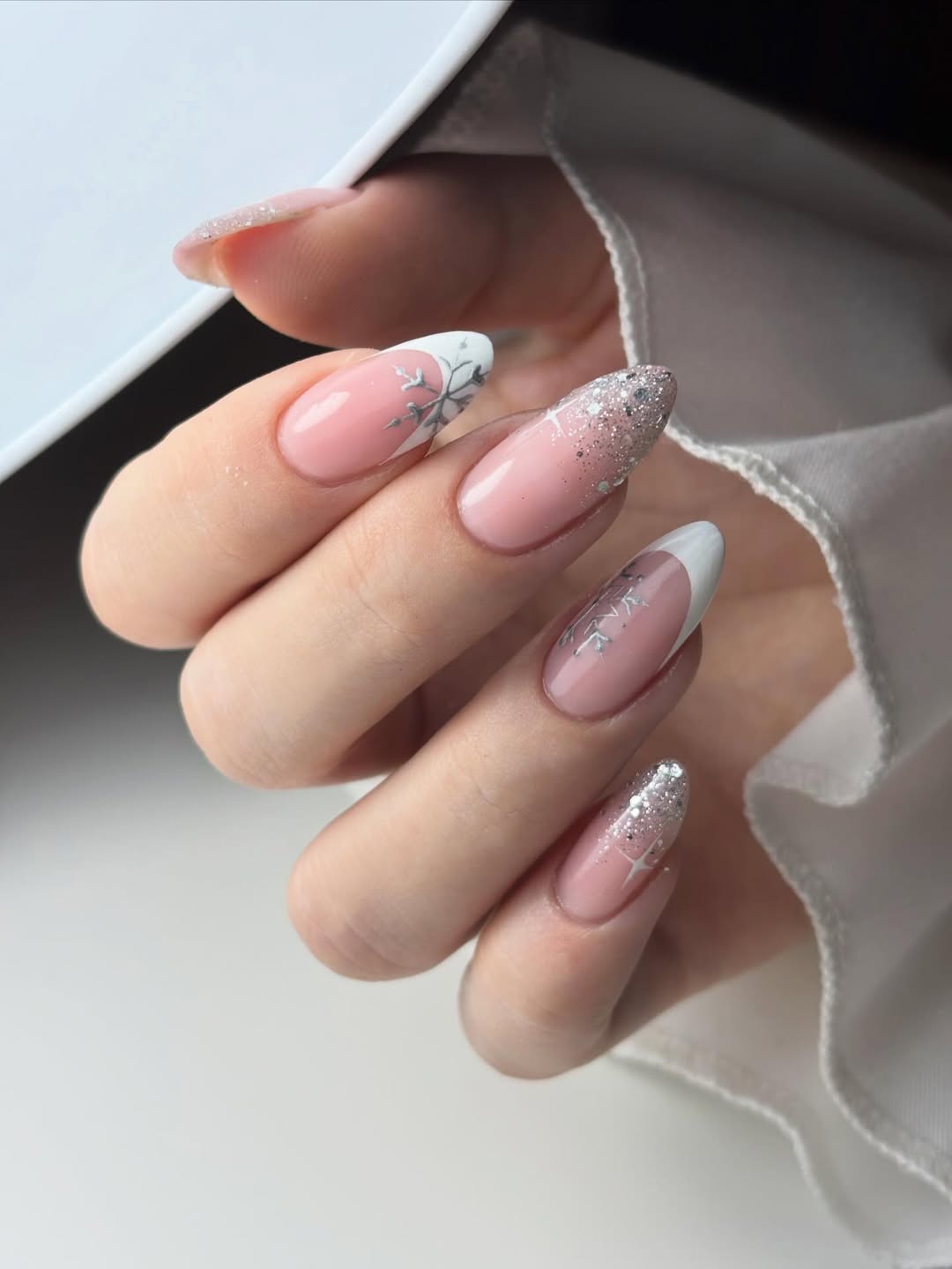 Winter French Tip Snowflake Sparkle Nails