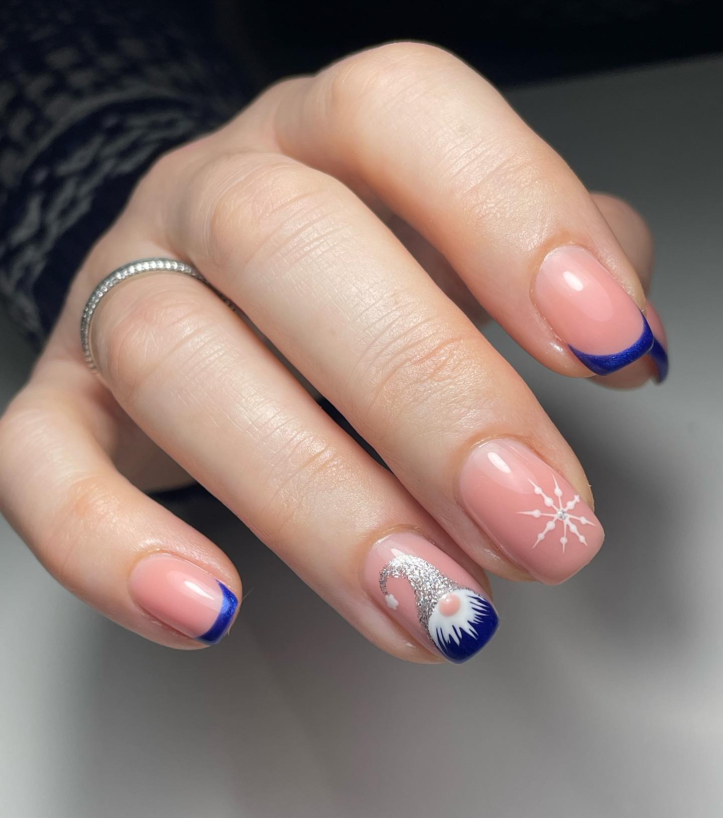 Winter Gnome and Snowflake French Tip Nails