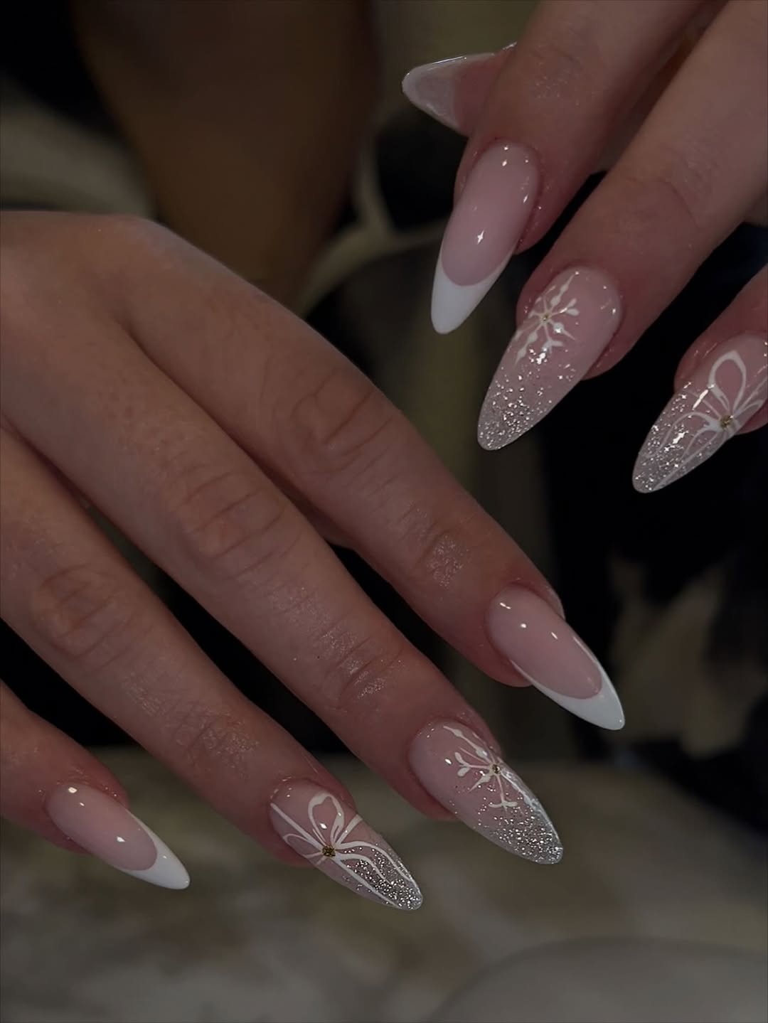 Winter Snowflake Almond French Tip Nails