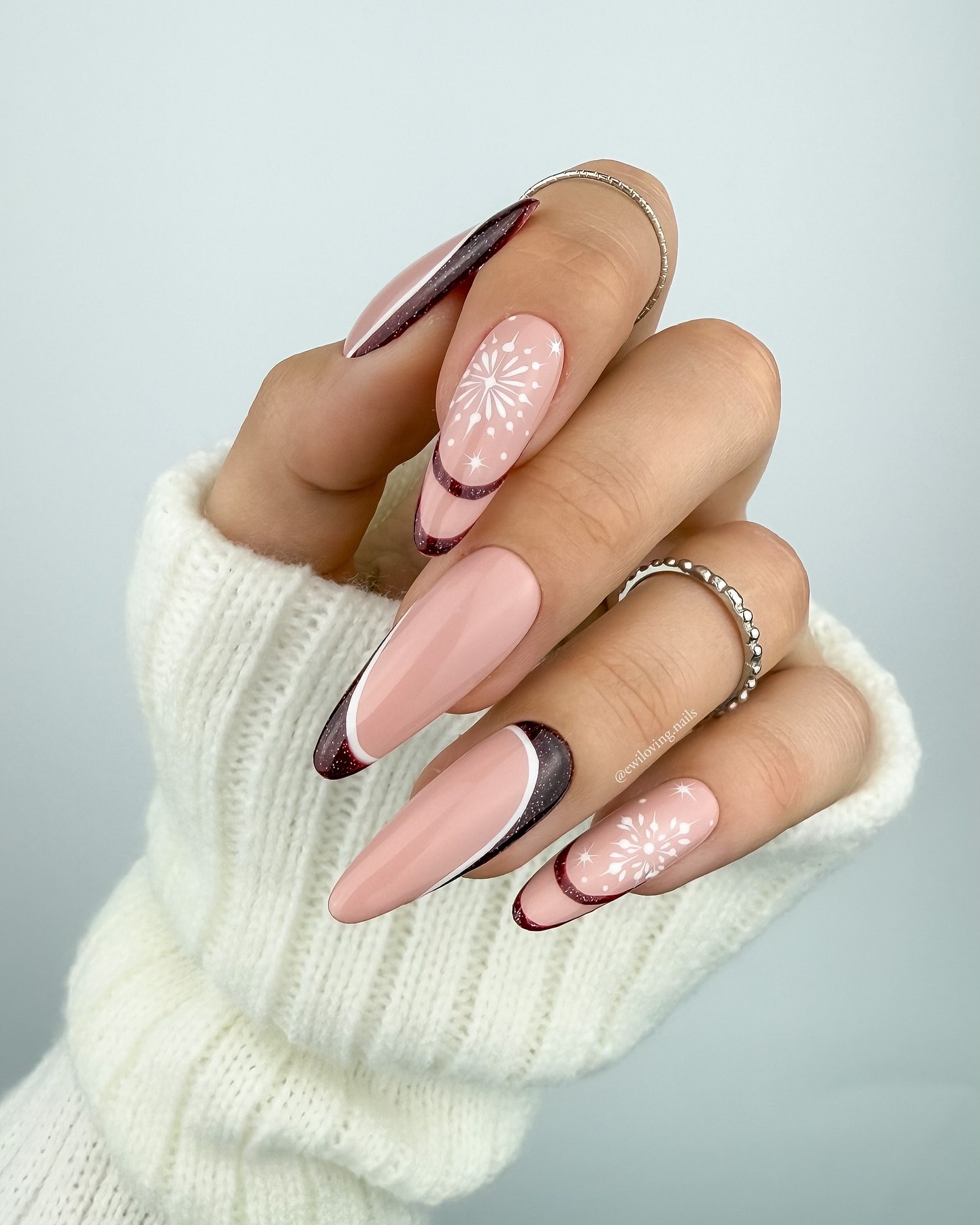 Winter Snowflake French Almond Nails