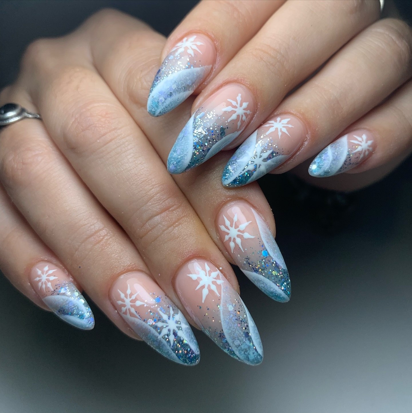 Winter Snowflake French Tip Almond Nails