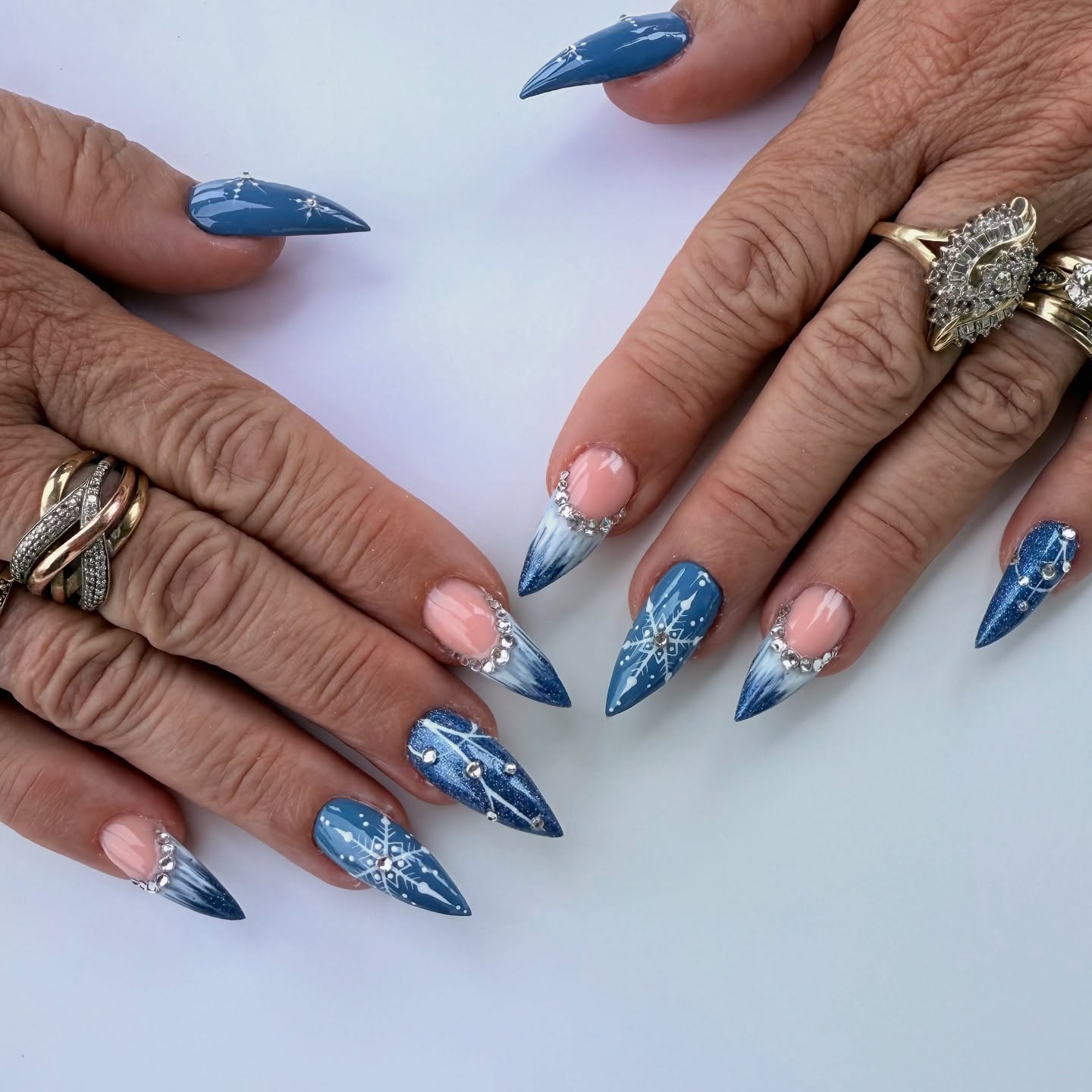 Winter Snowflake French Tip Stiletto Nails