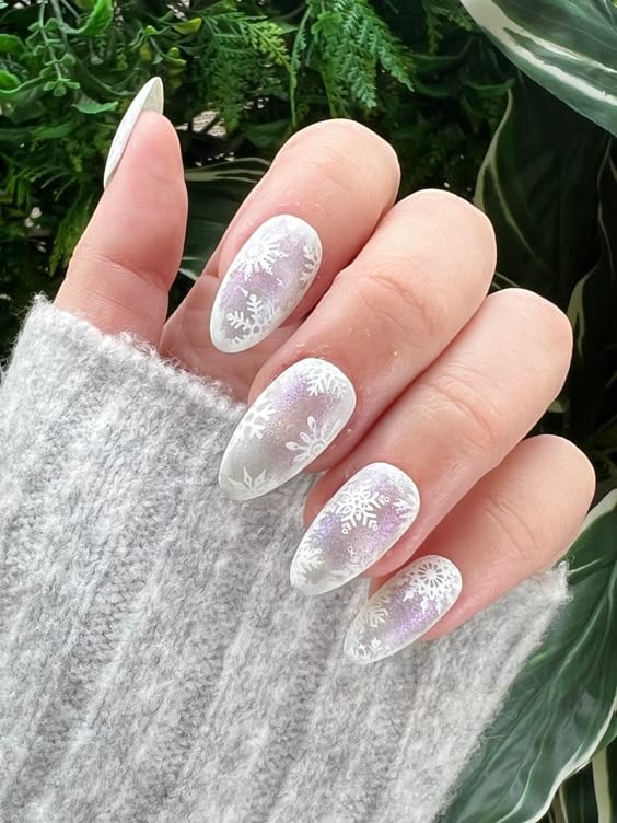 Matte White Almond Nails With Embossed Snowflakes — Winter White Nails