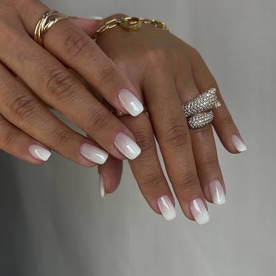 Milky Ombre French Tip Short Square Nails — Winter White Nails