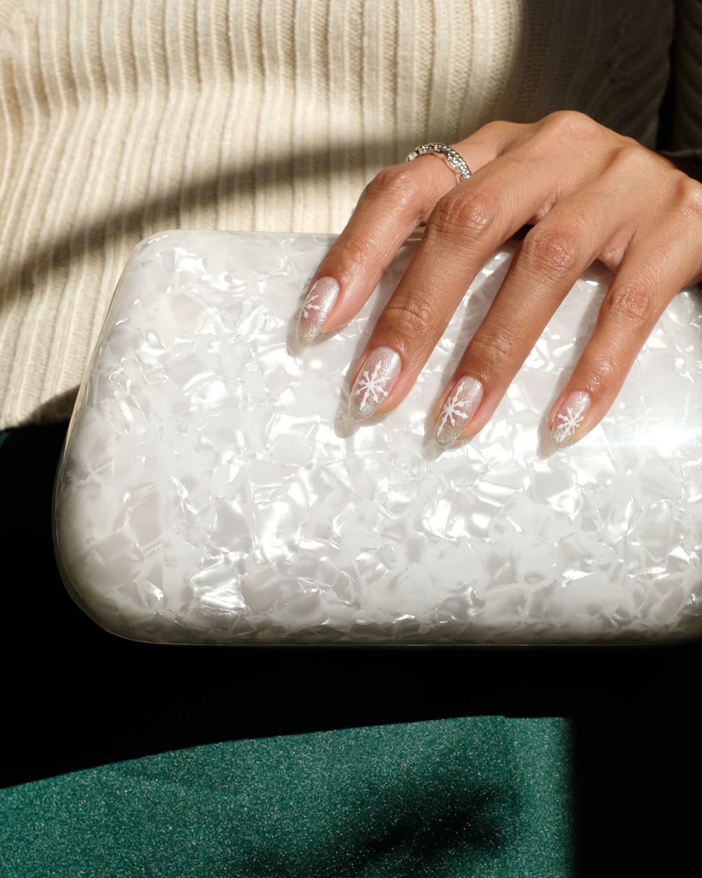 Sheer Glitter Almond Nails With White Snowflakes — Winter White Nails