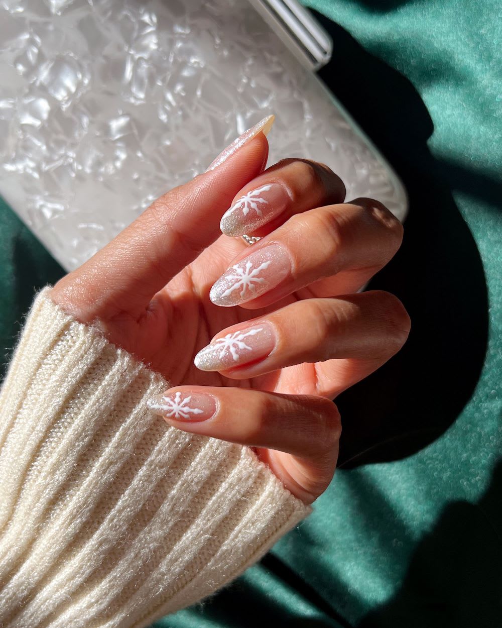 Sheer Glitter Almond Nails With White Snowflake Art — Winter White Nails