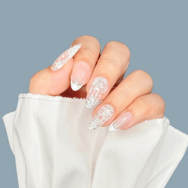 Sheer Nude Oval Nails With Lace Snowflake French Tips — Winter White Nails