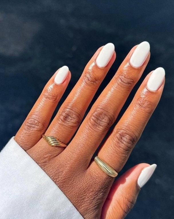 Clean Glossy White Oval Almond Nails — Winter White Nails