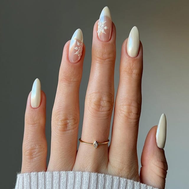 Pearlescent Sheer Nude Almond Nails With Floral Appliqué — Winter White Nails